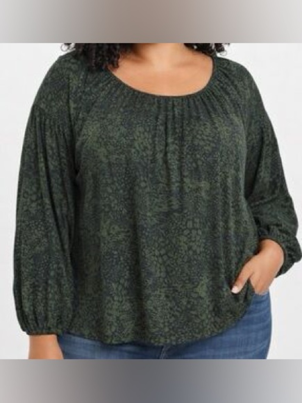 Ava & Viv Plus Size Dark Green and Black Abstract Boho Peasant Tunic Blouse – 1X
